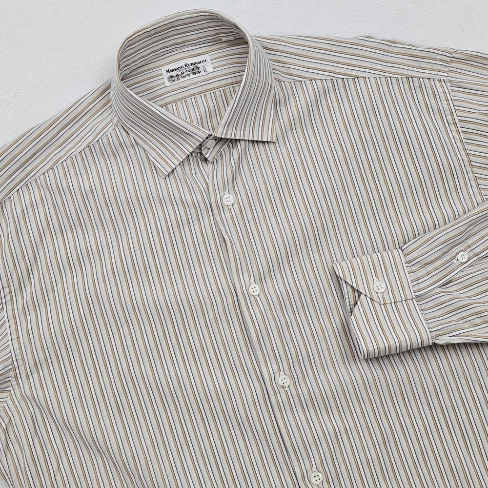 Mariano Rubinacci Dress Shirt Mens 39 L Tan White Striped Cotton Italy Barneys